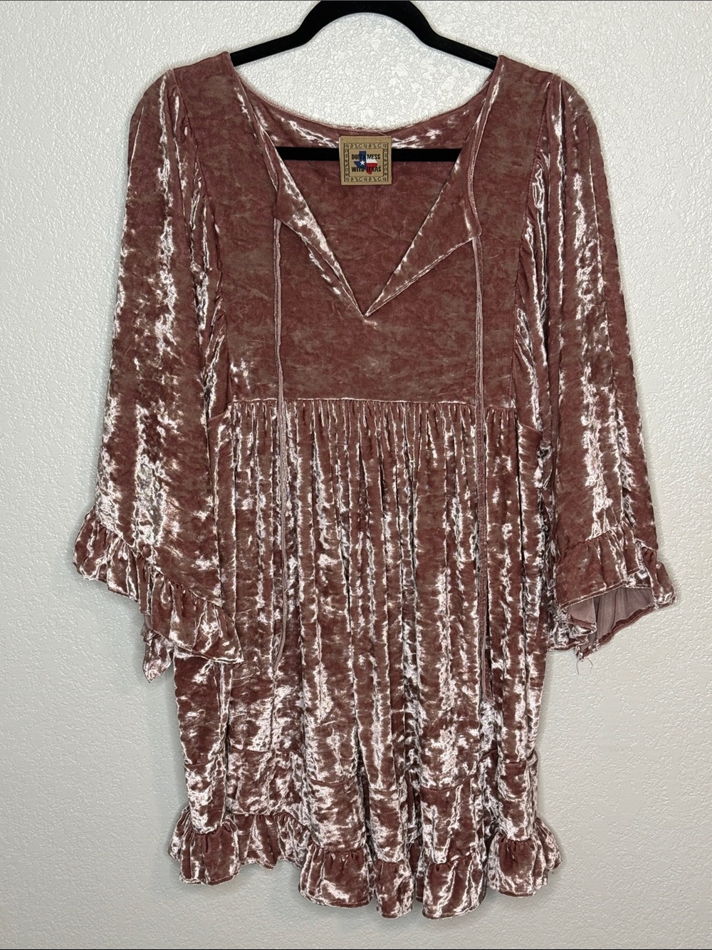 Don’t Mess With Texas Pink Crushed Velvet Babydoll Dress Ruffle Hem